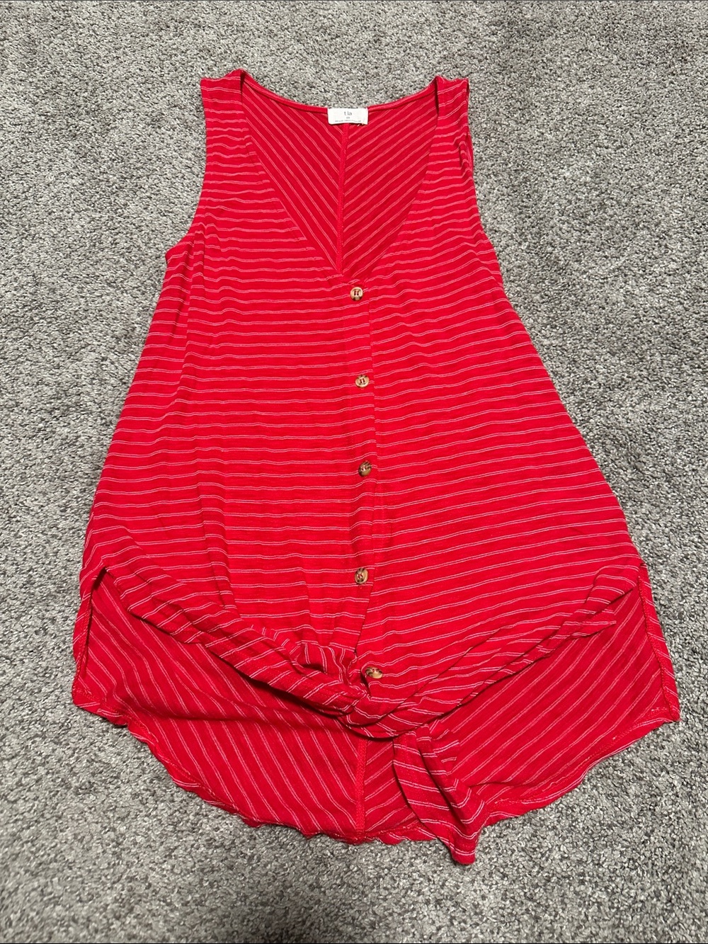 T.La Red Striped Button-Front Tie Hem Tank